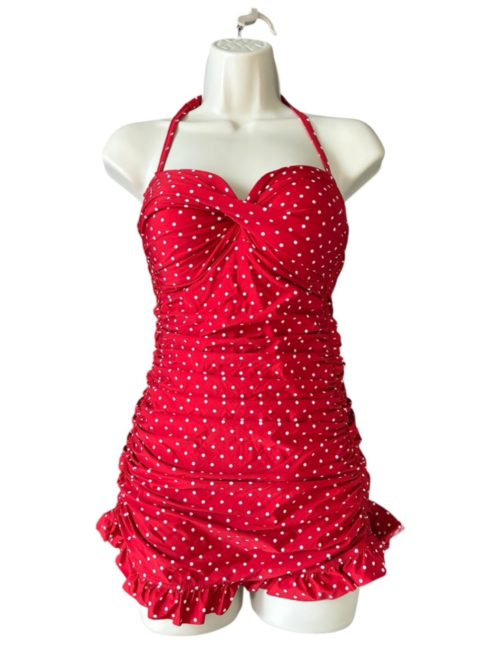 Jantzen Swim Dress One Piece 10 Retro Pinup Red Polka Dot Twist Front - Picture 2 of 7
